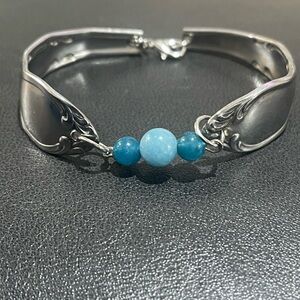 Silver Bracelet with Blue Stone Beads and Leaf Design Handmade Jewelry made